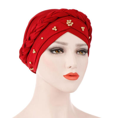 

Solid Color Braid Beads Decor Women Muslim Hijab Turban Head Scarf Cap Hat