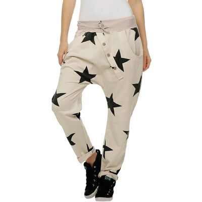 

Womens Button Mid Waist Loose Baggy Harem Sport Trousers Star Print Pants