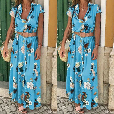 

Lady Short Sleeve Floral Wrap With Belt Boho Long Shirt Dress Women V-neck Party Bodycon Maxi Dress Clothing Sundress Plus Size