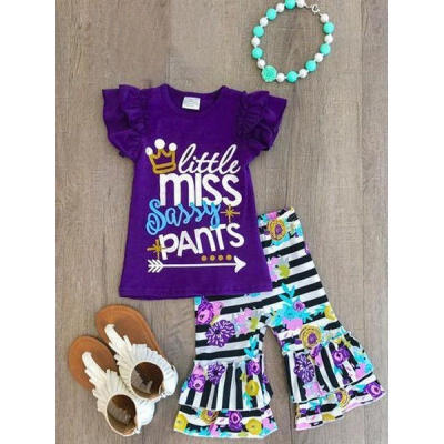 

Summer Girls Clothes Purple Ruffle t Shirt TopsLong Pants 2PCS Outfits Set Age 1-6Y