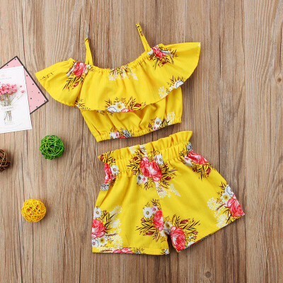 

2pcs Toddler Kid Baby Girl Clothes Floral Ruffle T Shirt Tops Shorts Outfits Set