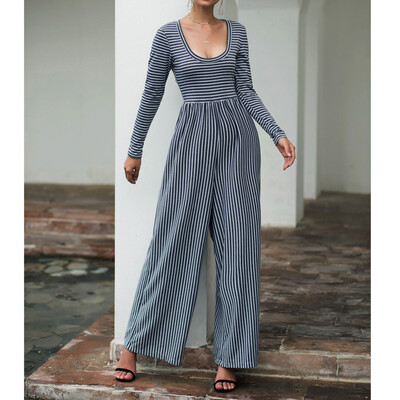 

Starmoon Womens Hight Waist Striped Wide Leg Jumpsuit Ladies Autumn Long Sleeve Playsuit