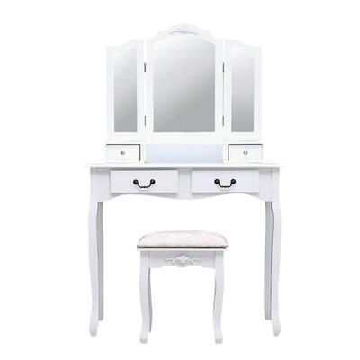 

Tri-Folding Mirror 4 Drawers Furniture Dressing Table Makeup Desk Stool