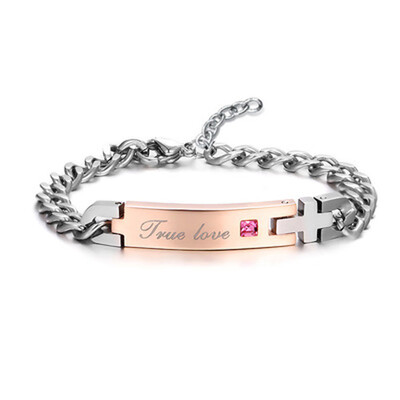 

New True Love Carving Titanium Steel Crystal Couple Lovers Cuff Bangle Bracelet Valentine Day Gift