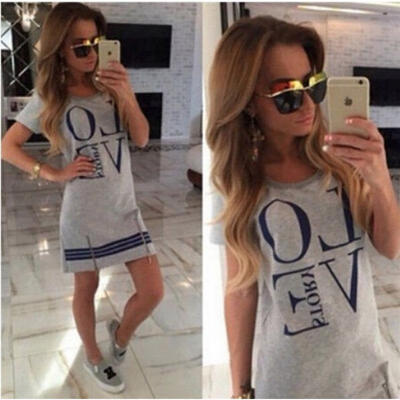 

Womens Love Printed Short Mini Dress Summer Beach Long Tops T Shirt Size 6-18