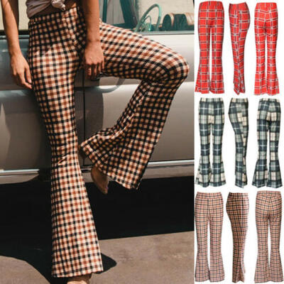 

Women Ladies Retro Plaid Pattern Bell-bottom Long Pant Fashion Casual Pant
