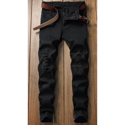

New Mens Skinny Super Stretch Fit Ripped Denim Jeans All Waist Black Frayed