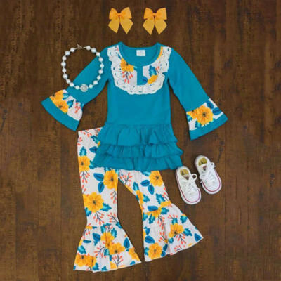 

Infant Baby Girl Clothes Lace Flared Sleeve Ruffle TopsFloral Pants Outfit Set