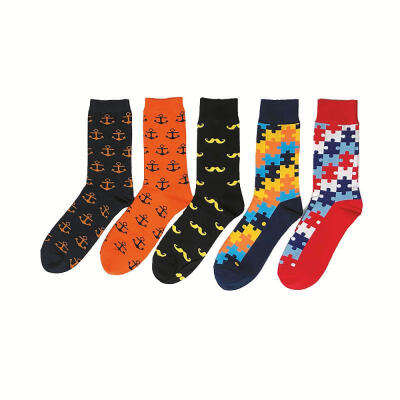 

5 Pairs Creative Moustache Jigsaw Pattern Multicolor Mens Socks Fashion Casual Cotton Crew Socks For Men