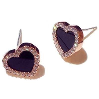 

Delicate Cute Black Acrylic Zircon Crystal Heart Stud Earrings Rose Gold Color Romatic Love Stud Earrings Women Jewelry