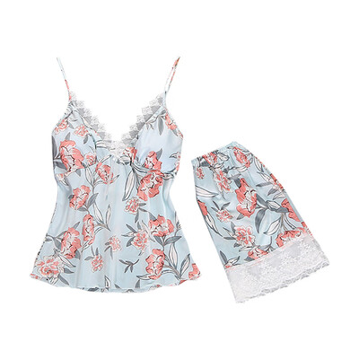 

Toponeto Women Sexy Satin Fashion Print Lace Bow Pajamas Sleepwear Set With Chest Pad