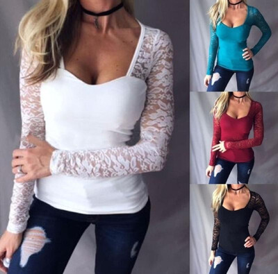 

Cross-border exclusive 2019WISH Amazon explosion models sexy solid color lace stitching long-sleeved V-neck bottoming T-shirt Blue