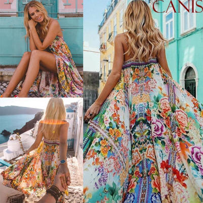 

Women Floral Print Sleeveless Boho Dress Ladies Evening Party Long Maxi Dress