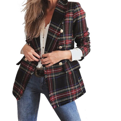 

New Ladies Fashion Casual High Quality Plaid Office Suit Long Sleeve V-Neck Button Slim Fit Jacket Coat