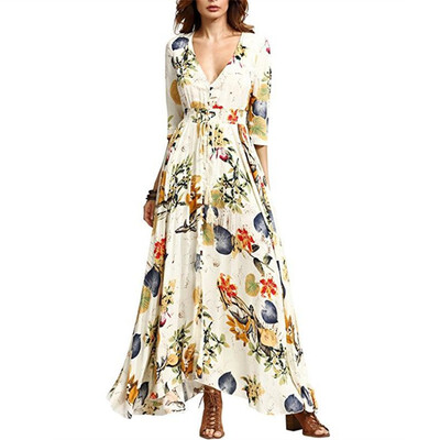 

Women\s Print V-Collar Loose Bohemian Dress