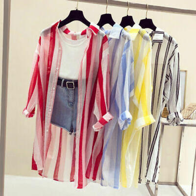

Summer Women Striped Loose Shawl Cover Kimono Cardigan Boho Chiffon Coat Jacket