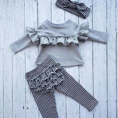 

Fashion Toddler Kids Baby Girl Ruffle Plaid Tops Long Pants 3Pcs Outfits Set