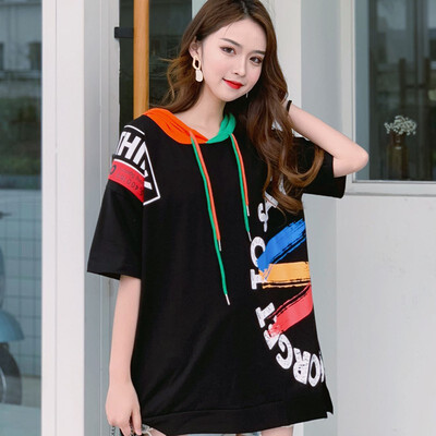 

Pre-Harajuku Letter Printed Long T Shirts For Women Summer Short Sleeve Hooded Tee Shirts Women Tops Hip Hop Style
