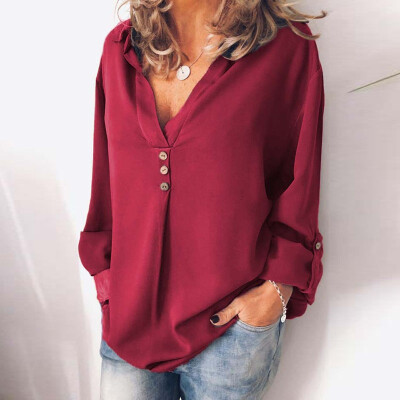 

Autumn Winter Woman Solid Color Button Buckle Seeve Loose Shirt Casual Blouse Fahion