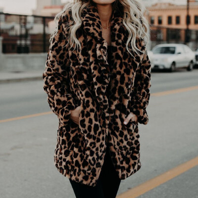 

Autumn Winter Fashion Women Lapel Leopard Faux fur Thicken Fur coat