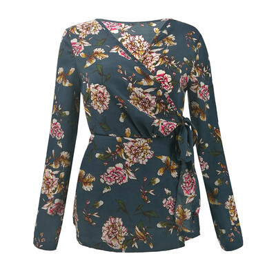 

Womens Shirts Office Tops T-shirt V-neck Retro Blouse Wrap Casual Floral Print