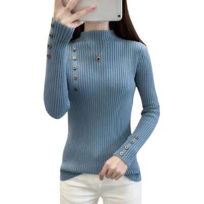 

Women Autumn Knit Base Shirt Half High Collar Pure Color Slim Pullover Tops