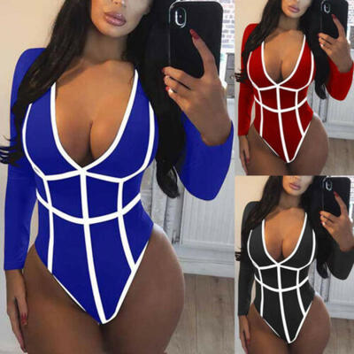

Fashion Womens Long Sleeve Romper Contrast Beading Bodysuit Ladies Jumpsuit 6-14