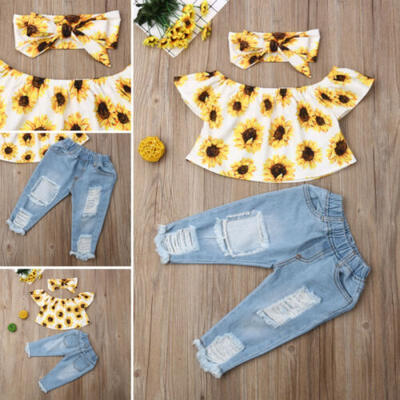 

Fashion Kids Baby Girl Off Shoulder Tops Denim Jeans Outfits Set Clothes Summer
