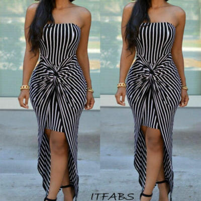 

US Fashion Womens Strapless Maxi Dress Stripe Tube Top Long Dress Beach Sundress