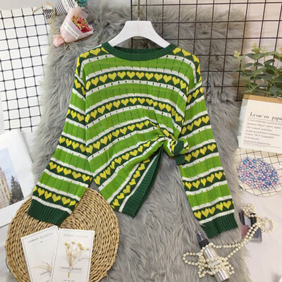 

Korean O Neck Women Sweater Fashion Heart Printed Striped Jumper Sweaters Female Autumn Long Sleeve Casual Knit Pullovers