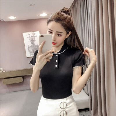 

Cute Crochet Peter Pan Collar Cute Female Teens T-shirt Short Sleeve Contrast Color Chic Womens Summer Cozy Tee Shirt