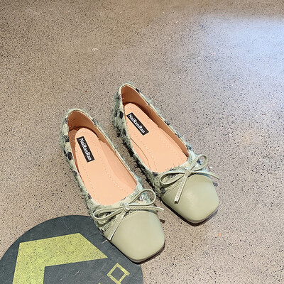 

Flat sole single shoe women wearing summer style Korean version of small fresh bow square head&shallow mouth ladle shoes with