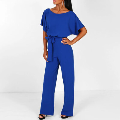 

Starmoon Women Short Sleeve Playsuit Clubwear Straight Leg Jumpsuit With Belt BKXXL