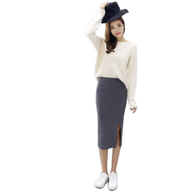 

Winter package hip skirt slit skirts Stretch Slim Thin Female Waist knee Length skirts Hip Packaging Shirts
