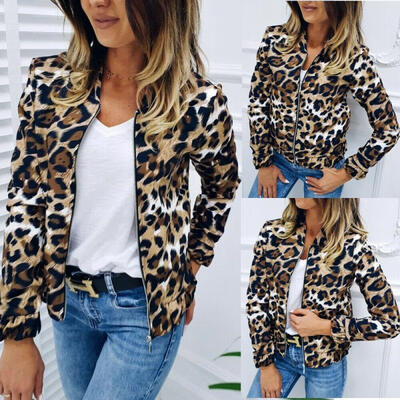 

Women&39s Leopard Long Sleeve Zipper Jacket Coat
