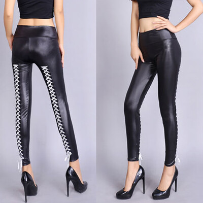 

Tailored Women Ladies Fashion High Waist Sexy Black Ladies Lace Up Leather Leggings Pants