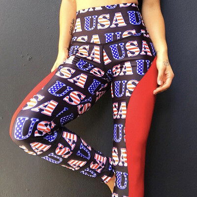 

Tailored Womens High Waist Digital Flag Printing Splice Sports Fitness Casual Yoga Pants