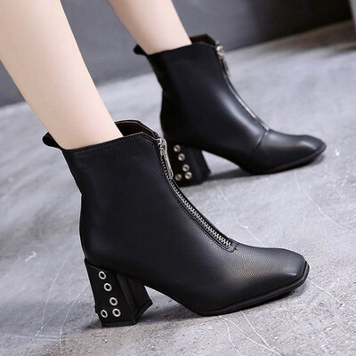 

Rose Fashion Mid-Heel Boots High Heels Solid Color Zipper Square Toe Women Shoes