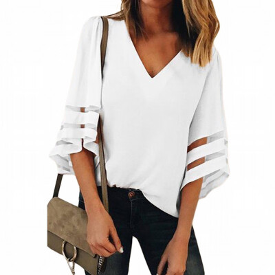 

Solid color V-neck flare seven-point sleeve loose womens white-collar shirt casual top