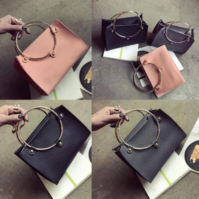 

Women Metal Ring Handbag PU Leather Shoulder Tote Bag Ladies Messenger Crossbody Bag BlackGreyPink