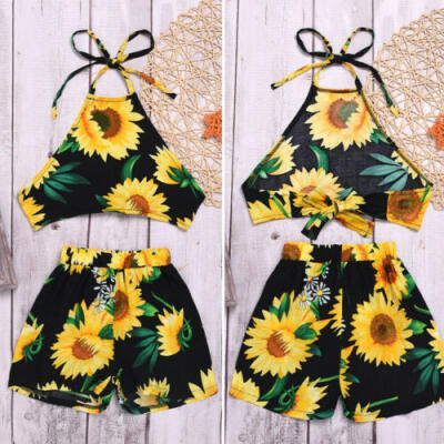 

Toddler Kid Baby Girl Sunflower Clothes Halter Tops Shorts 2Pcs Outfit Summer