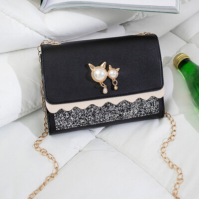 

Tailored Cute Cat Pearl Pendant Sequin Small Square Bag Wild Shoulder Messenger Bag
