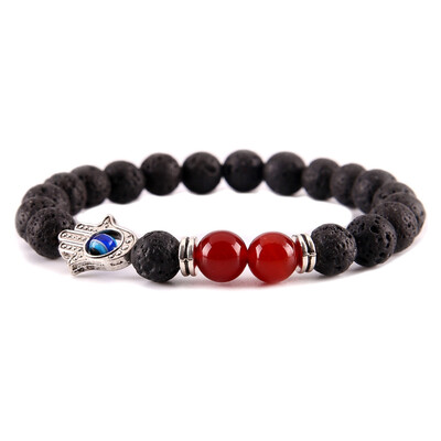 

Stylish Unisex Black Lava Stone Beads Bracelet Fatima Hand Evil Eye Bracelet Colorful Energy Yoga Chakra Bracelet