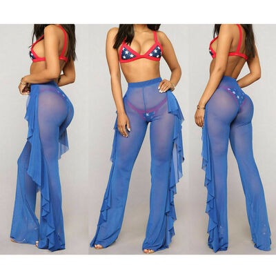 

Plus Size Women Mesh Sheer Bikini Cover Up Long Pant Trousers Beach Swimwear