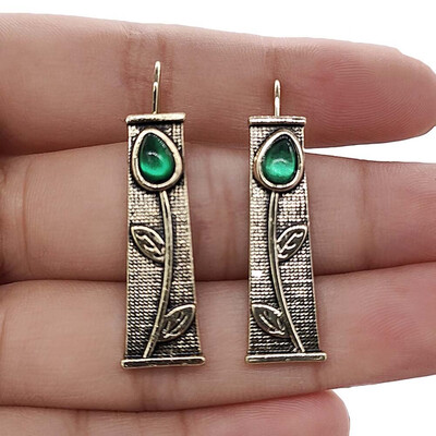 

Vintage Women Faux Emerald Inlaid Flower Rectangle Dangle Hook Earrings Jewelry