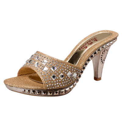 

Rose Womans Fashion Casual Crystal Thick Heel High Heel Slippers Ladies Party Shoes