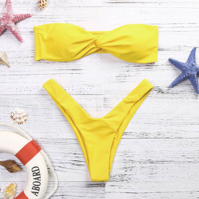 

Roseonmyhand Women Swimwear BandeauFront Thong Bikini Swimsuit Strapless Bathing Suit