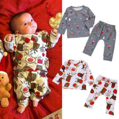 

US Newborn Infant Baby Girl Boy Christmas Deer Santa Long Sleeve Pyjamas PJs set