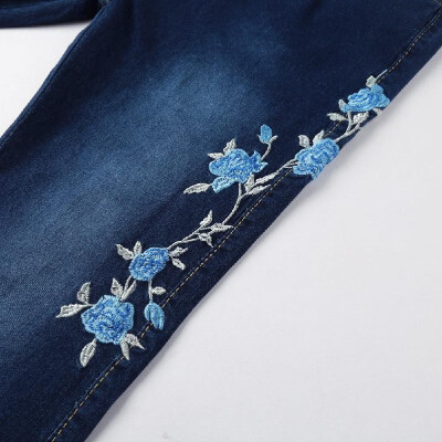 

New Sexy Women Embroidered Stretch Jeans High Waist Button Zipper Pockets Skinny Pencil Denim Pants Dark Blue