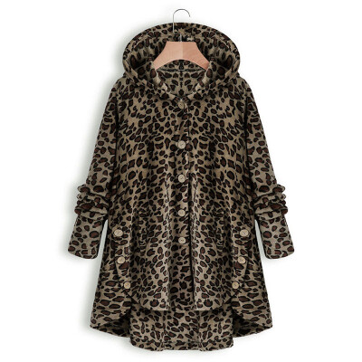 

Women Winter Leopard Coat Ladies Fleece Hooded Jacket Parka Outwear Overcoat